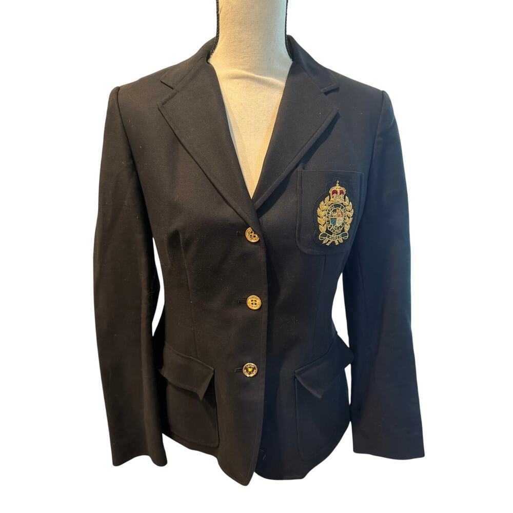 ⭐️ Women’s Ralph Lauren Black Crested Blazer Size 8 Classic Preppy Acadamia
